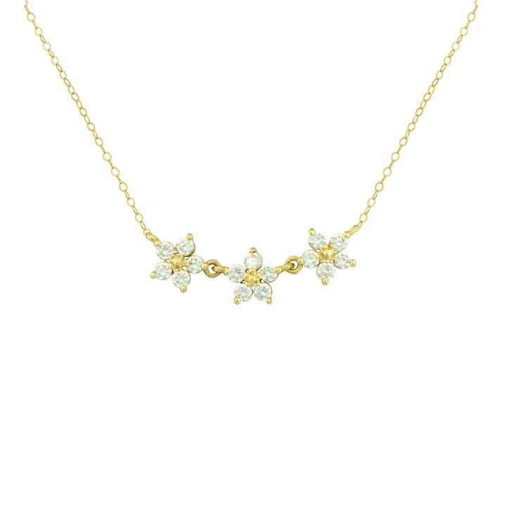 Petite Lux&trade; Cubic Zirconia 10k Yellow Gold 3-flower Necklace