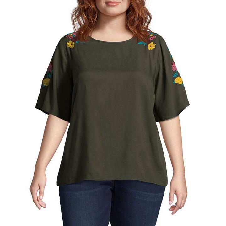 Boutique + Embroidered Elbow Sleeve Woven Tee - Plus