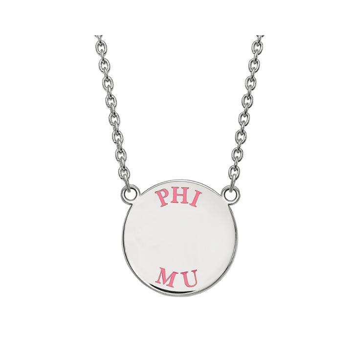 Phi Mu Enamel Sterling Silver Disc Pendant Necklace
