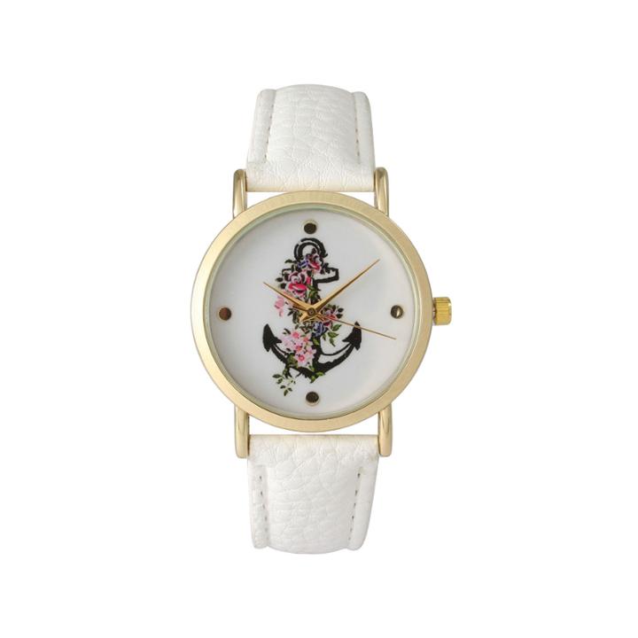 Olivia Pratt Womens Floral Anchor Dial White Leather Watch 15004