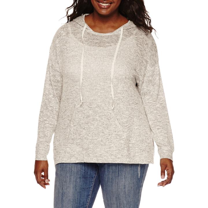 Embossed Long-sleeve Marled Hacci Pullover Hoodie - Juniors Plus