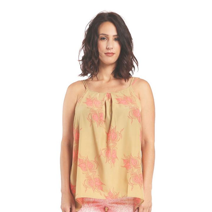 Women Satin Woven Leaf Print Camisole Tops Spaghetti Strap Pleat