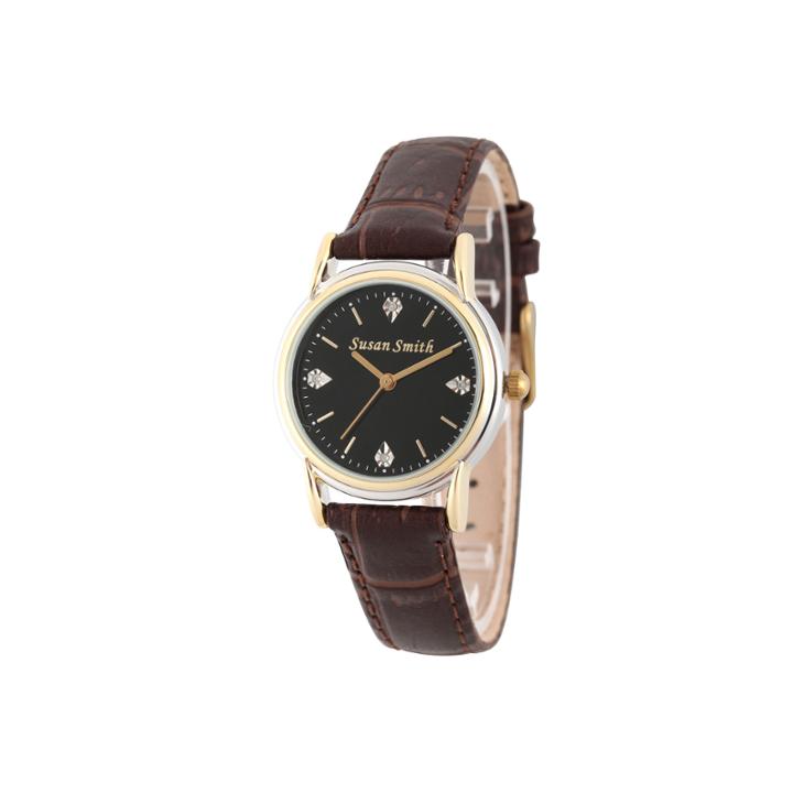 Personalized Womens Brown Leather 4 Diamond Strap Watch
