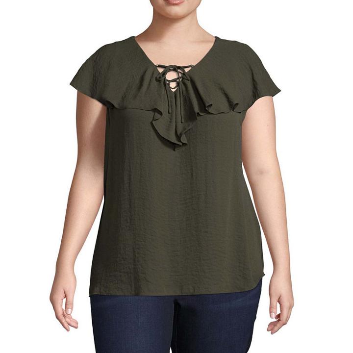 Boutique + Short Sleeve Crew Neck Woven Blouse-plus