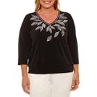 Alfred Dunner Saratoga Springs 3/4 Sleeve V Neck T-shirt-womens Plus