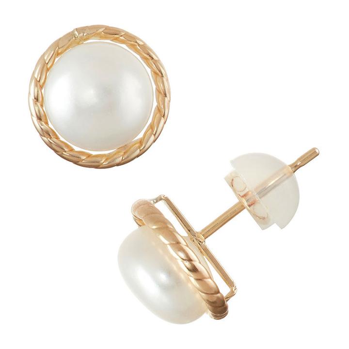 Genuine White Cultured Freshwater Pearls 10k Gold 11mm Round Stud Earrings