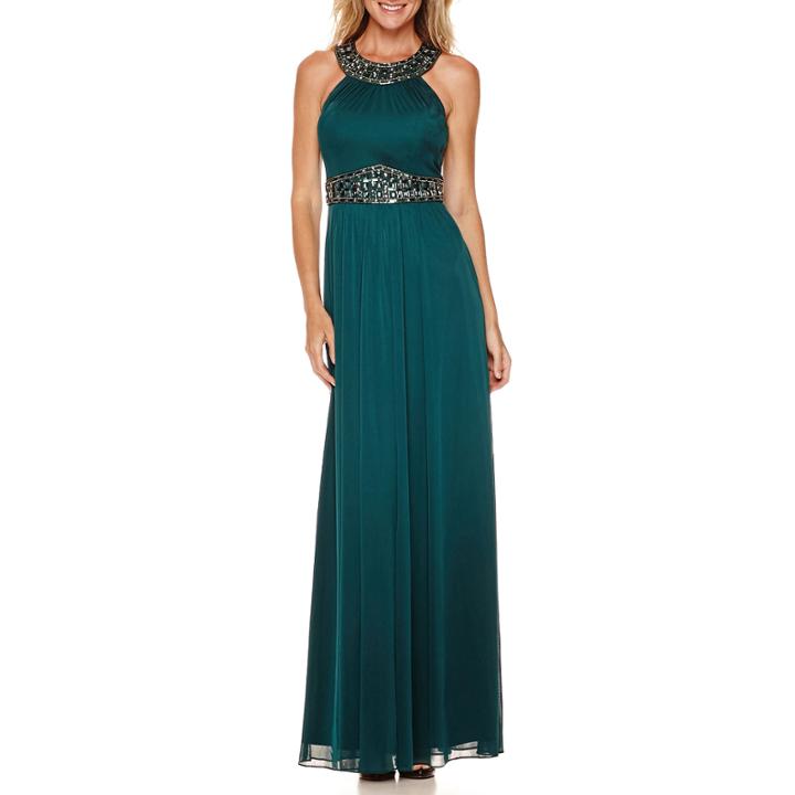 One By Eight Sleeveless Beaded Halter Formal Gown