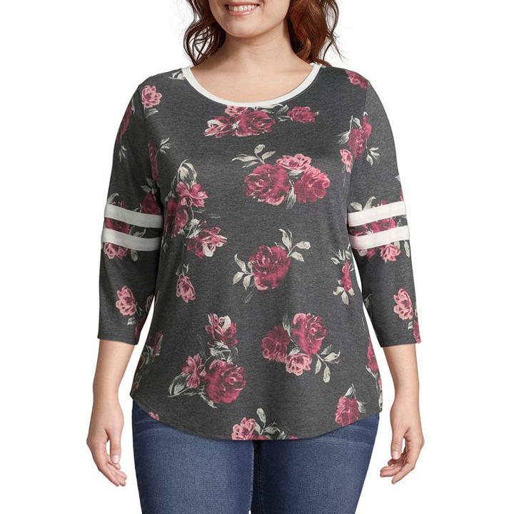 Arizona 3/4 Sleeve Scoop Neck Floral T-shirt-womens Juniors Plus