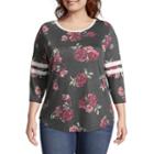 Arizona 3/4 Sleeve Scoop Neck Floral T-shirt-womens Juniors Plus