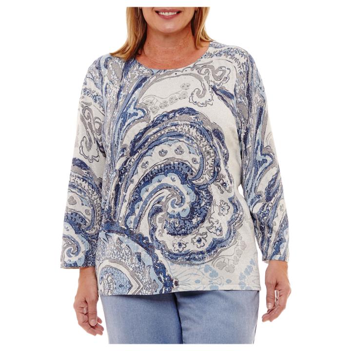 Alfred Dunner Silver Belles 3/4 Sleeve Crew Neck Paisley Pullover Sweater-plus
