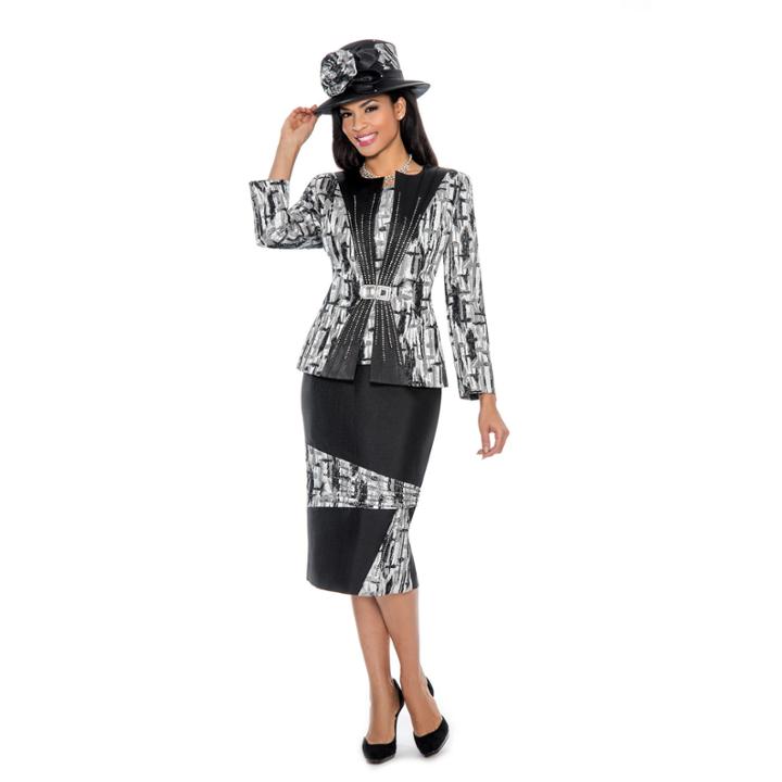 Giovanna Collection Black And Silver Print Fabric Combo 3-piece Skirt Suit
