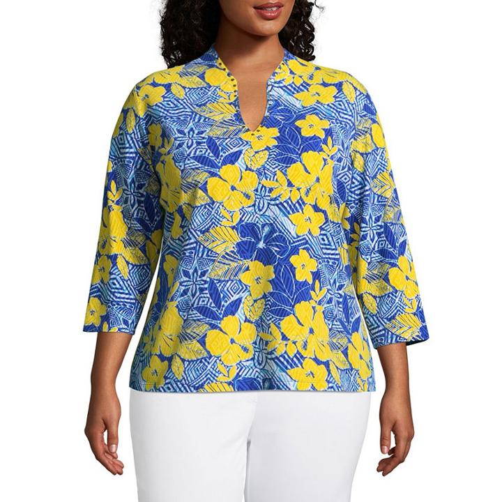 Lark Lane Must Have Funnel Neck Hibiscus Tee - Plus