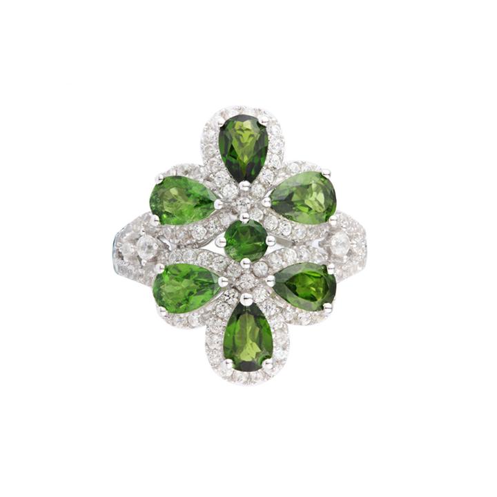 Womens Genuine Green Chrome Diopside Sterling Silver Cluster Ring