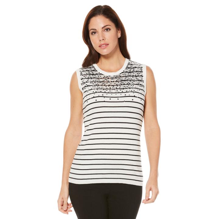 Rafaella Sleeveless Crew Neck Stripe Pullover Sweater