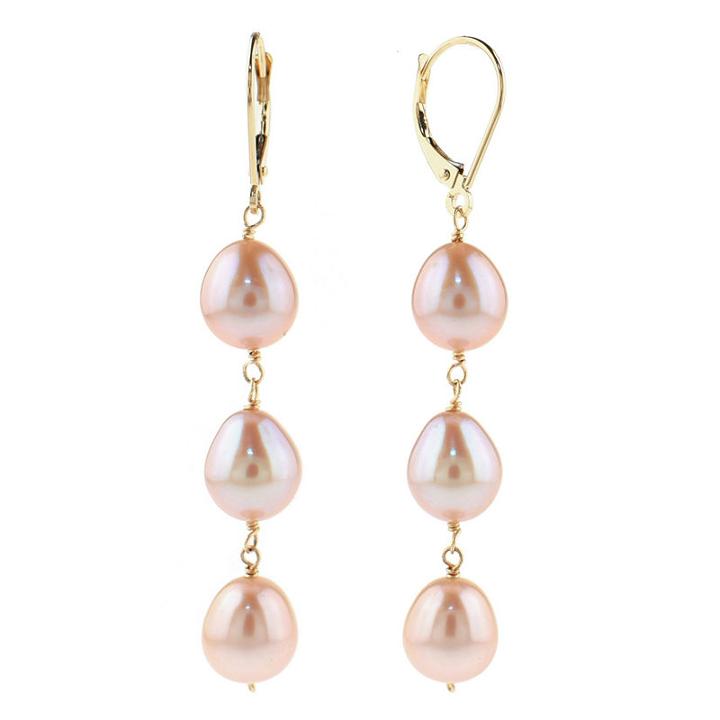 Genuine Pink Cultured Freshwater Pearls 14k Gold Drop Earrings