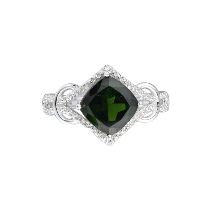 Womens Green Chrome Diopside Sterling Silver Halo Ring