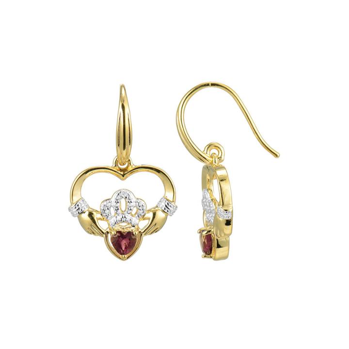 Heart-shaped Genuine Garnet And Diamond-accent Claddagh Earrings