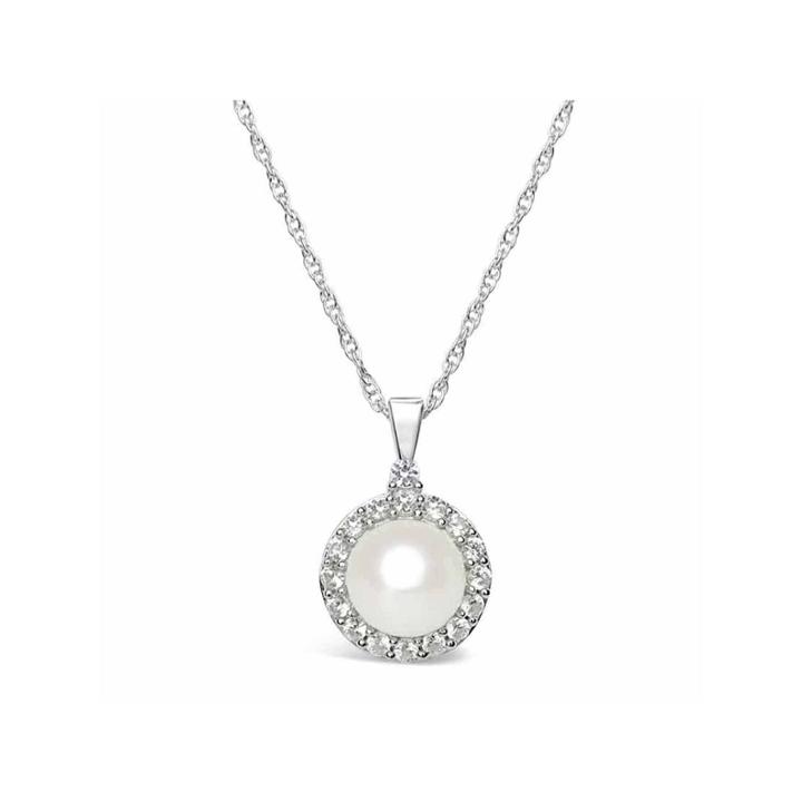 Womens Freshwater Pearl & Lab-created White Sapphire Sterling Silver Pendant Necklace