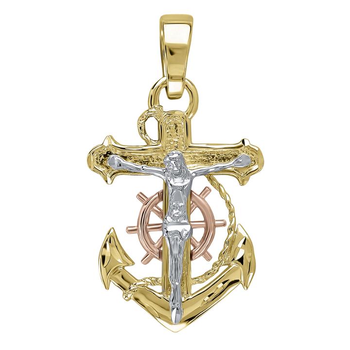 Infinite Gold&trade; Mens 14k Tri-tone Gold Anchor Crucifix Pendant