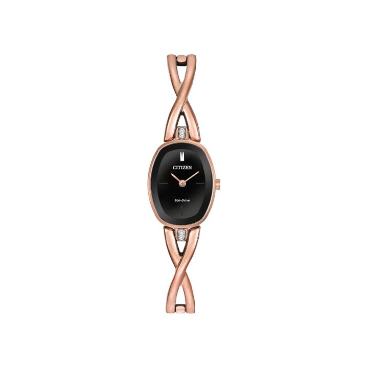 Citizen Eco-drive Silhouette Womens Crystal-accent Oval Rose-tone Stainless Steel Bangle Watch Ex1413-55e