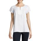 Liz Claiborne Flutter Sleeve Split Crew Neck Embroidered Blouse