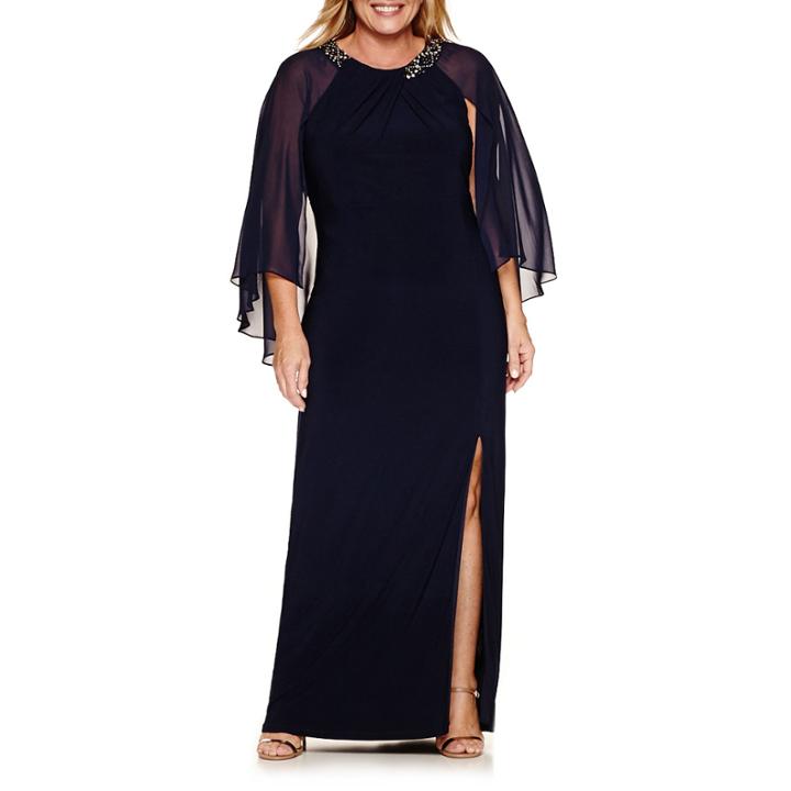 Scarlett Sleeveless Capelet Beaded Evening Gown-plus