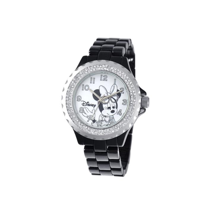 Disney Minnie Mouse Womens Black Enamel Watch With Crystals