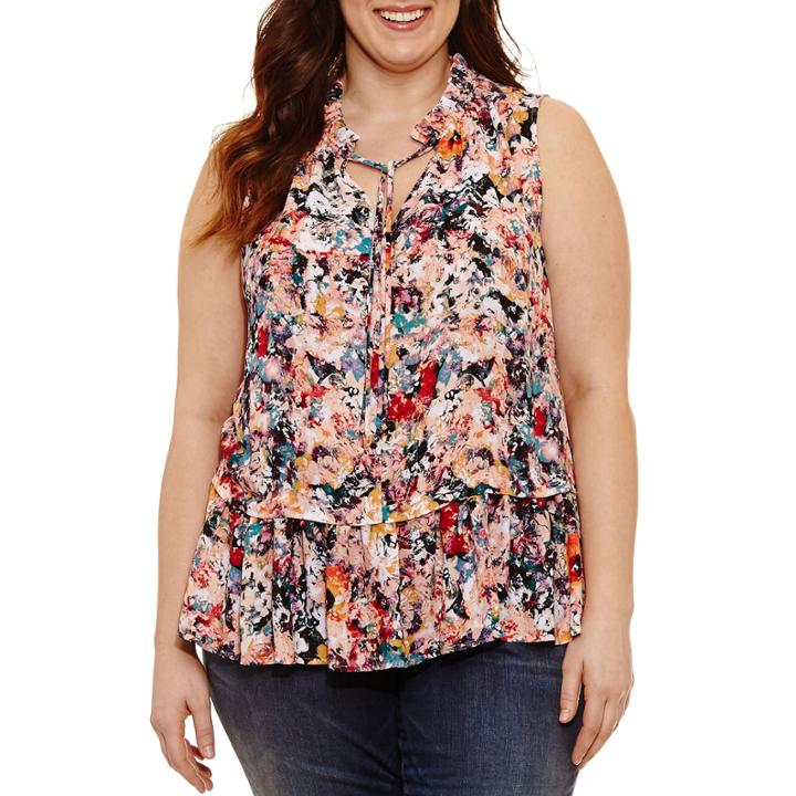 Boutique + Sleeveless Tie Neck Floral Peasant Top Plus