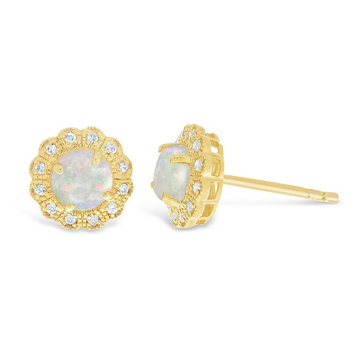 Diamond Accent Round White Opal Gold Over Silver Stud Earrings