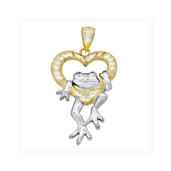 14k Two-tone Gold Diamond-cut Frog In Heart Charm Pendant