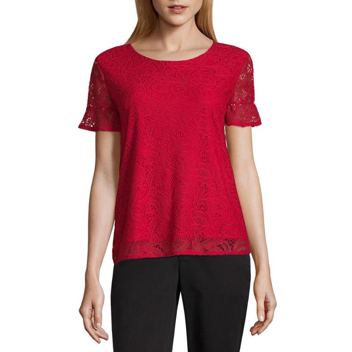 Liz Claiborne Short Sleeve Crew Neck Knit Blouse-petites