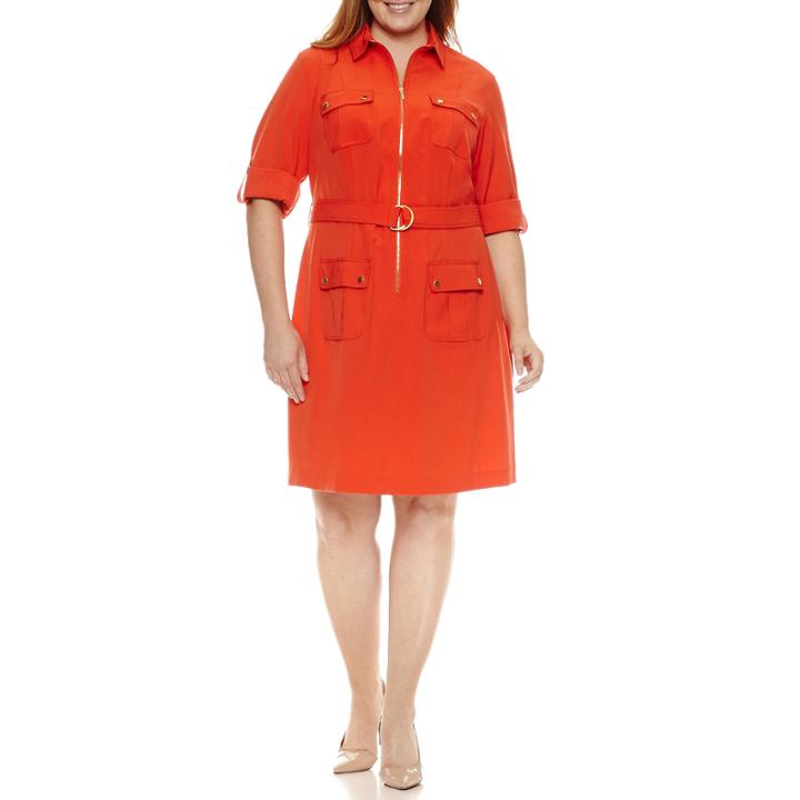 Sharagano 3/4 Sleeve Zip Front Belted Shirt Dress-plus