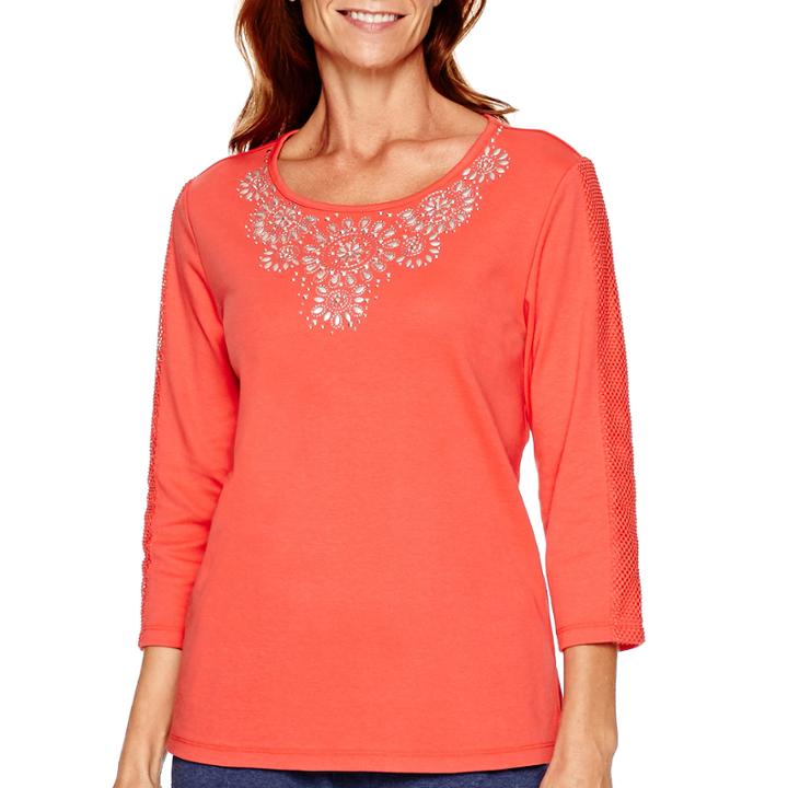 Alfred Dunner Cape Hatteras 3/4-sleeve Embroidered-yoke Top