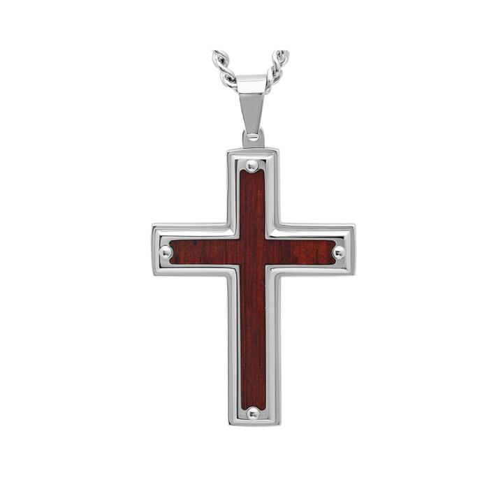 Mens Stainless Steel And Wood-grained Carbon Fiber Inlay Pendant Necklace