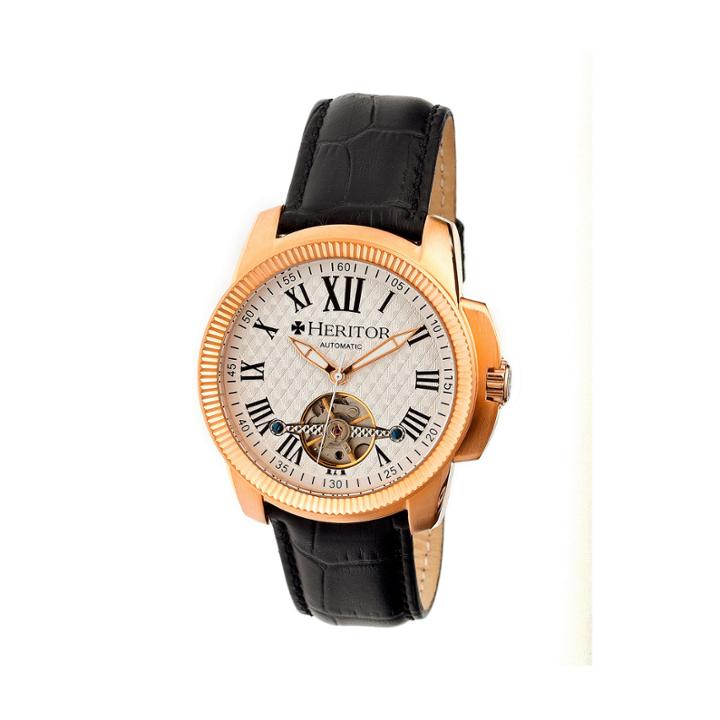 Heritor Automatic Franklin Mens Semi-skeleton Leather-rose Gold/silver Watches