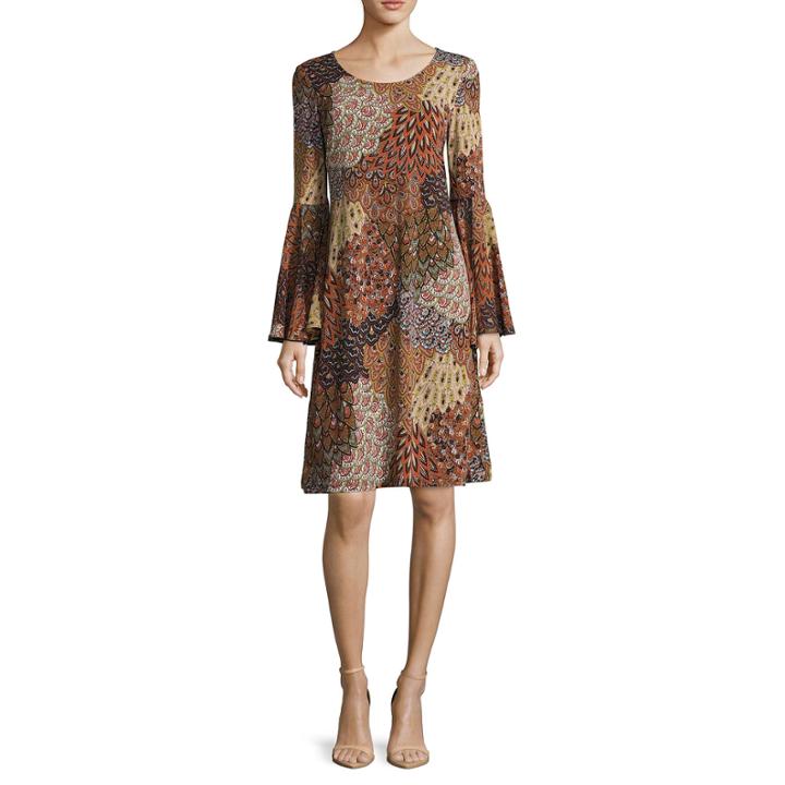 Msk Long-sleeve Paisley-print Fit-and-flare Dress