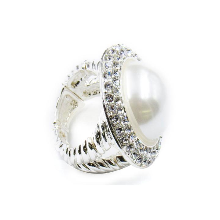 Vieste Silver-tone Simulated Rose Pearl & Crystal Round Stretch Ring