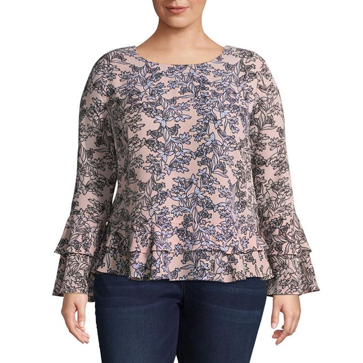 Worthington Long Sleeve Tiered Ruffle Blouse - Plus