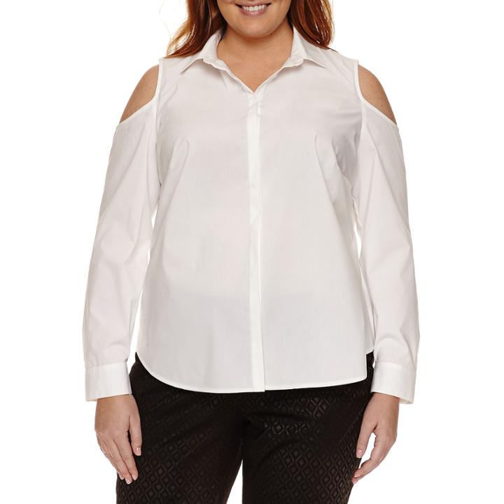 Worthington Long Sleeve Cold Shoulder Button Front Shirt - Plus