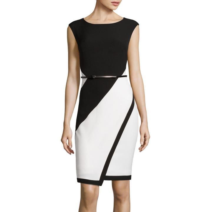 Studio 1 Sleeveless Belted Asymmetrical-hem Sheath Dress
