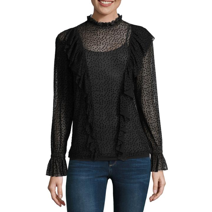 Belle + Sky Long Sleeve Mock Neck Mesh Blouse