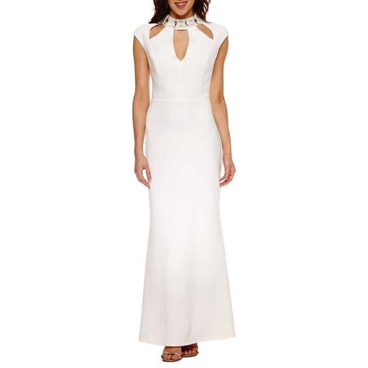 Blu Sage Short Sleeve Cut Outs Embellished Evening Gown-petite