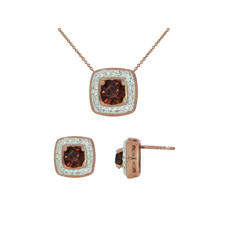 14k Rose Gold Over Silver Chocolate Crystal Pendant Necklace & Earring Set