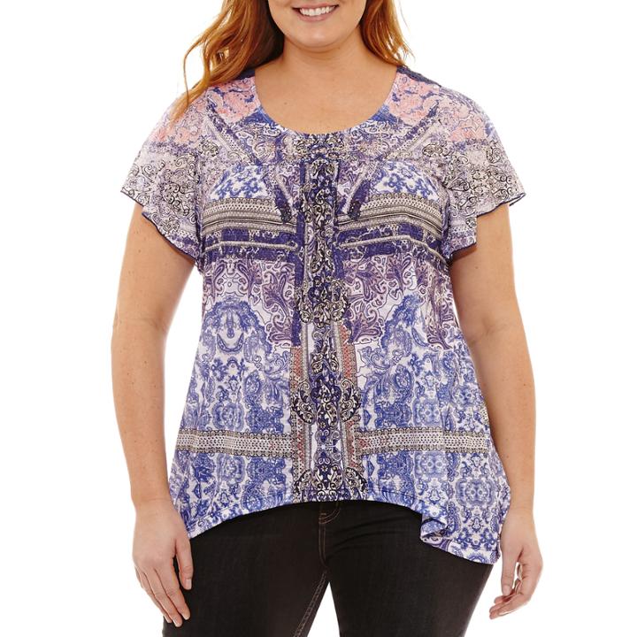 Unity World Wear Short Sleeve Scoop Neck Knit Floral Blouse-plus