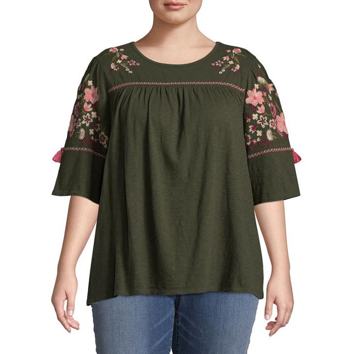 St. John's Bay 3/4 Sleeve Embroidered Tee-plus