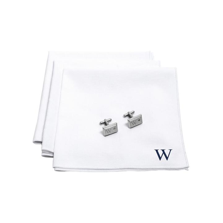 Personalized White Handkerchief Set With Zircon Jewel Cufflinks