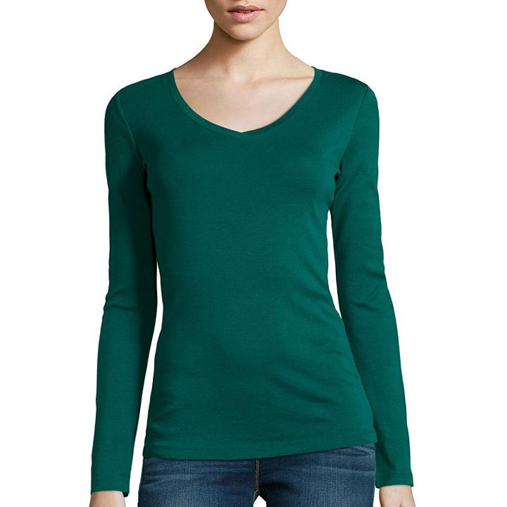 Stylus&trade; Long-sleeve V-neck T-shirt- Petite