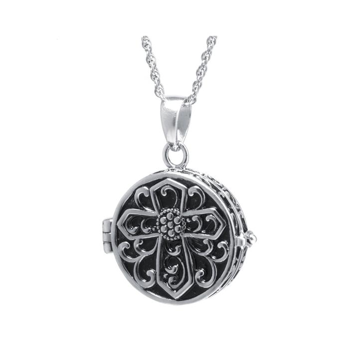 Sterling Silver Vintage-inspired Cross Prayer Box Pendant Necklace