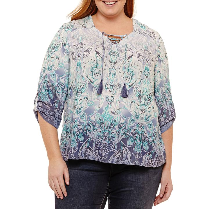 St. John's Bay 3/4 Sleeve Printed Lace Up Blouse-plus