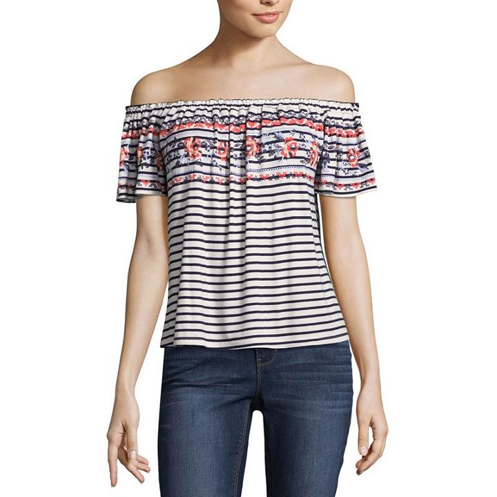 Rewind Short Sleeve Straight Neck Stripe T-shirt-womens Juniors